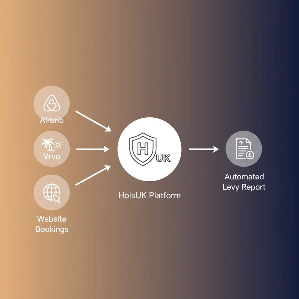 Diagram showing how HolsUK centralises booking data to automate visitor levy reports.