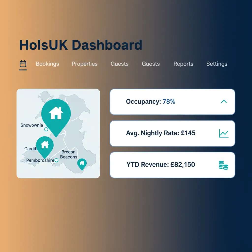 A HolsUK dashboard showing key performance metrics for a Welsh holiday let business.