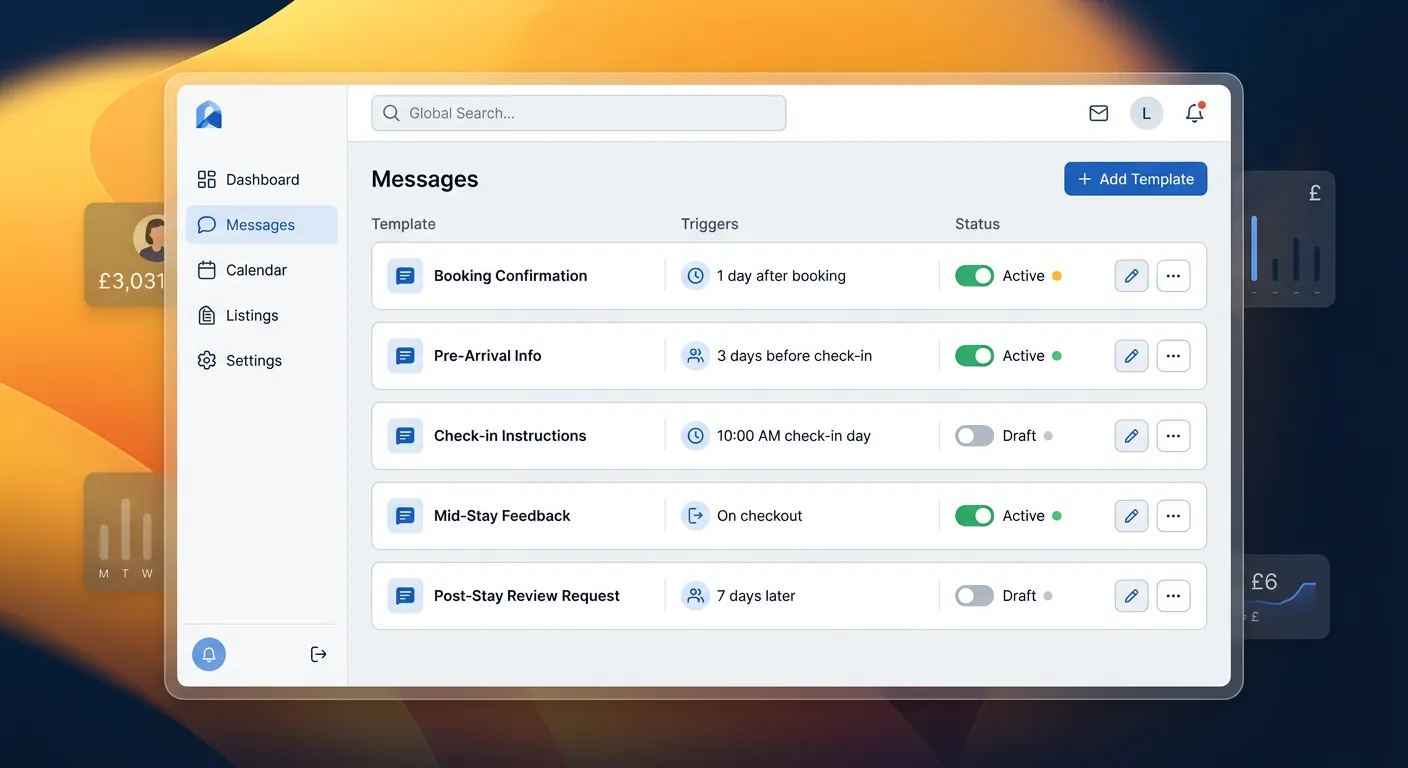 The HolsUK dashboard showing automated guest messaging settings for a holiday let.