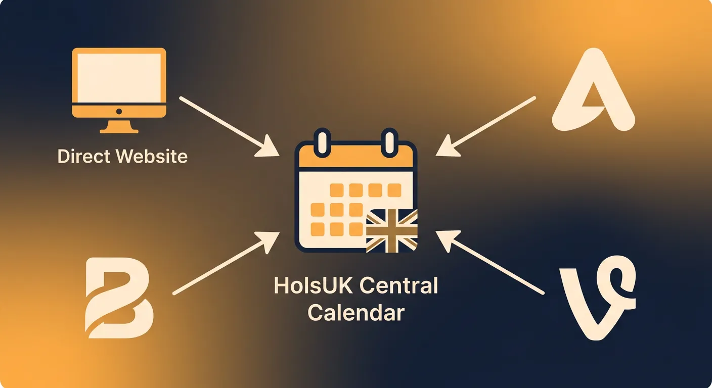 Diagram showing HolsUK calendar syncing with a direct website and online travel agencies.