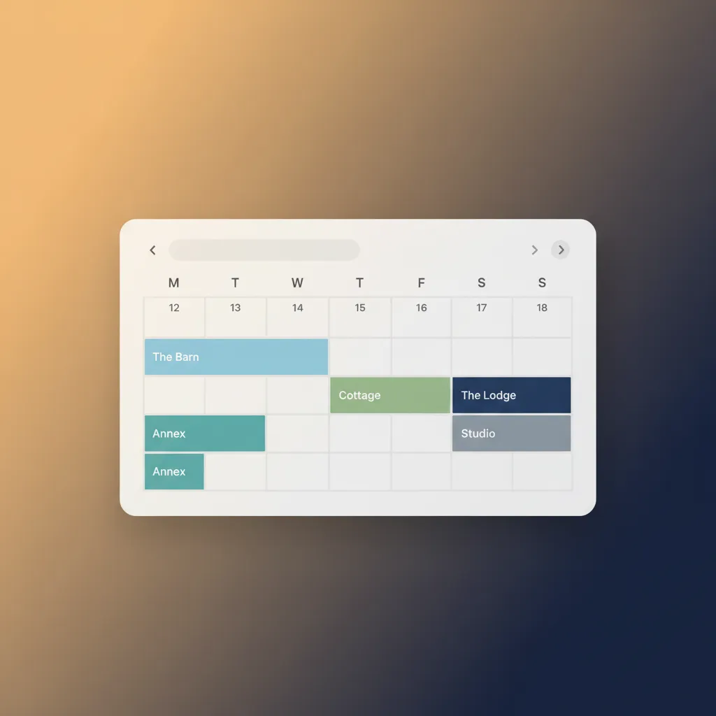 A clean calendar interface from a channel manager showing bookings for multiple holiday cottages.
