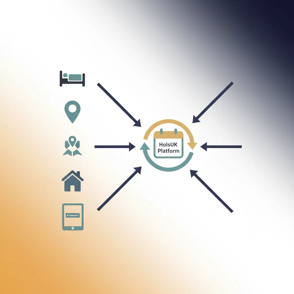 Diagram showing how HolsUK syncs availability between Airbnb, Booking.com, Vrbo and a direct site.