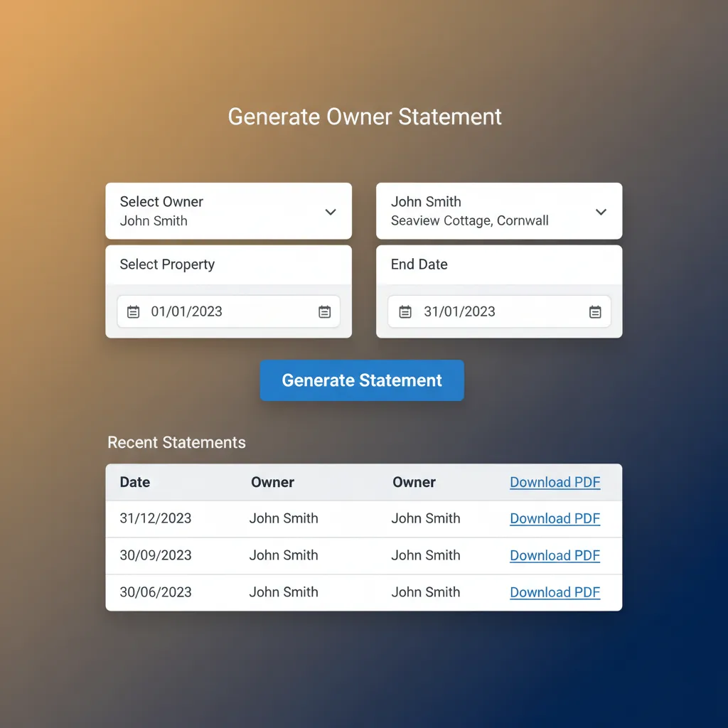 The HolsUK interface for generating a new owner statement with date ranges.