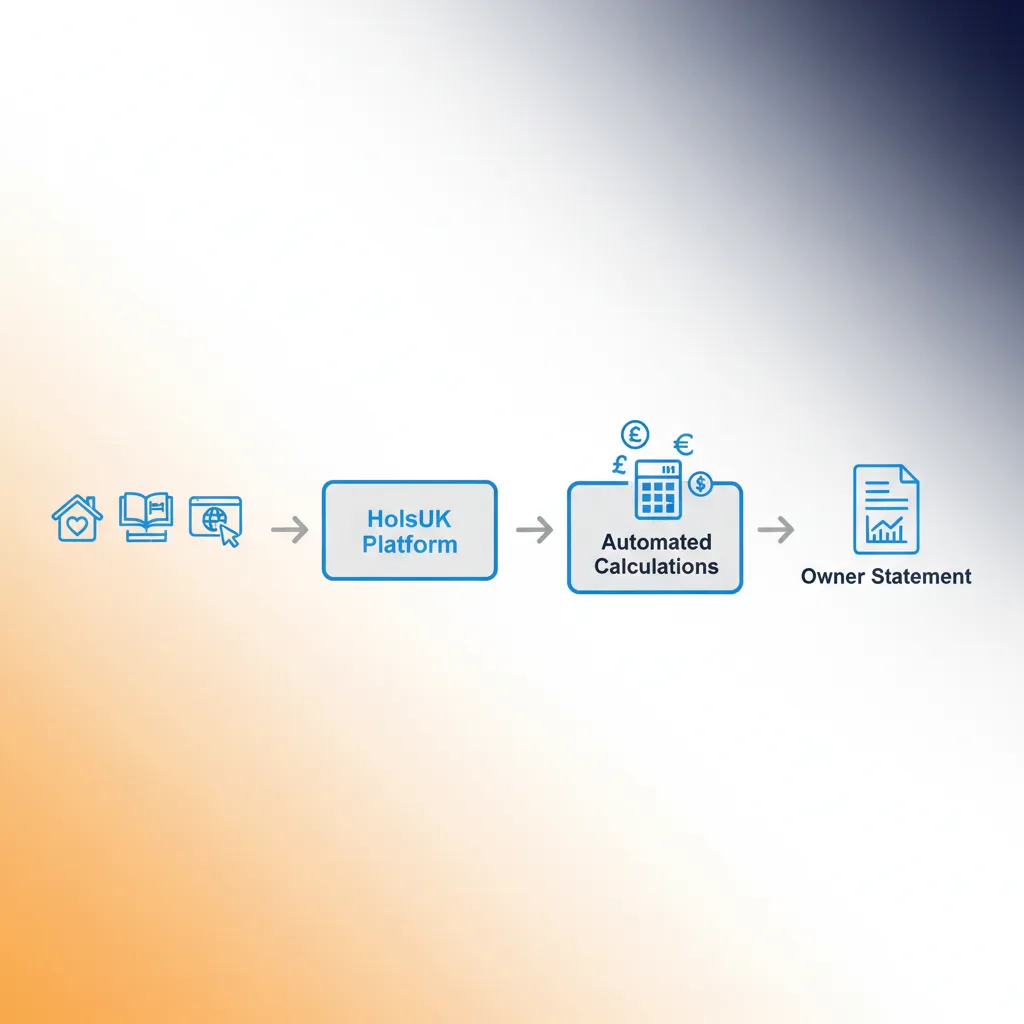 Diagram showing how HolsUK automates owner statements from booking channels.