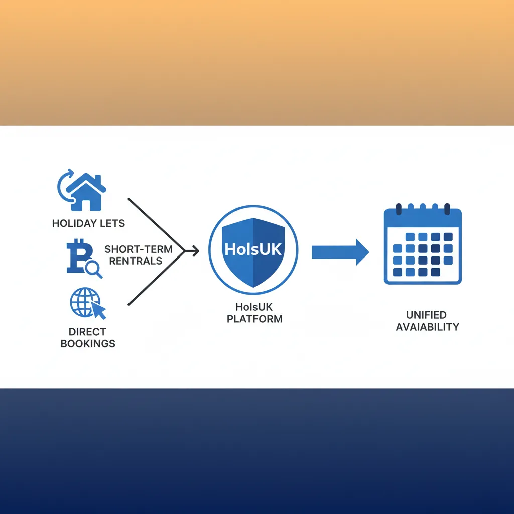Diagram showing how HolsUK centralises bookings from OTAs and direct websites into one calendar.