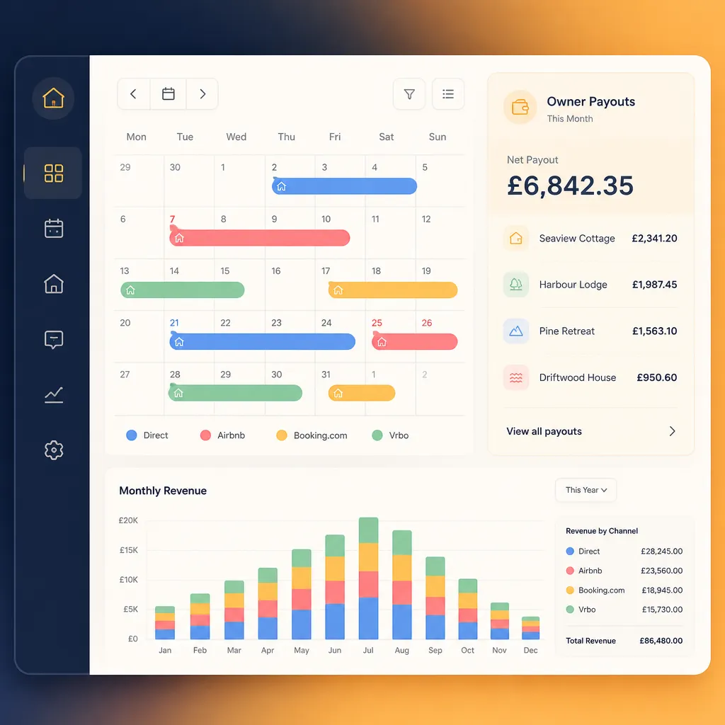 Dashboard calendar and owner payouts panel with GBP amounts
