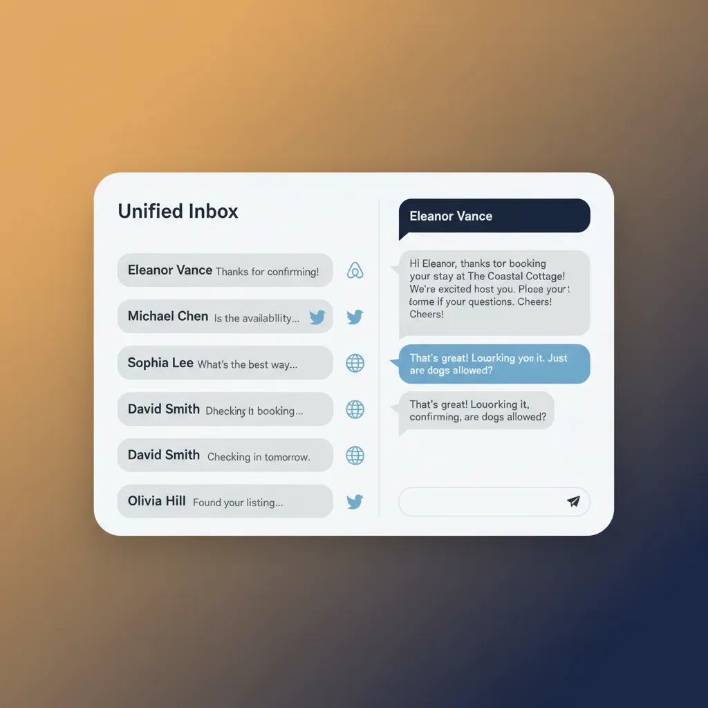 A mockup of the HolsUK centralised inbox showing messages from Airbnb and a direct booking website.