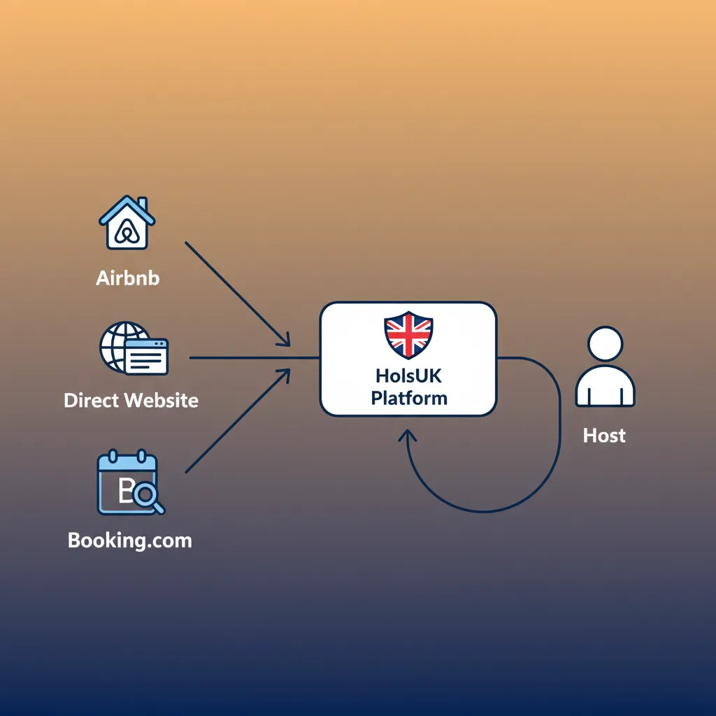 A diagram showing how HolsUK centralises enquiries from Airbnb, websites, and other channels for a host.