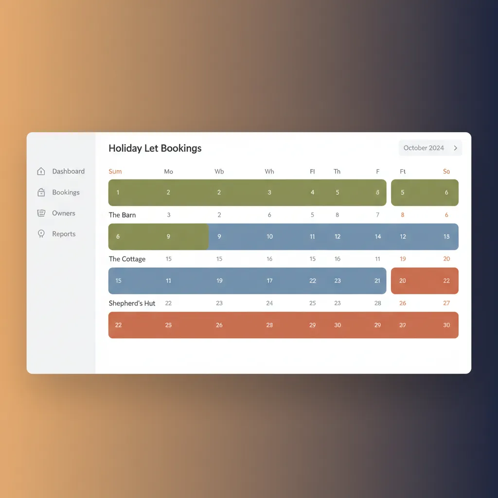 HolsUK dashboard showing a central calendar with bookings for multiple UK holiday let properties.