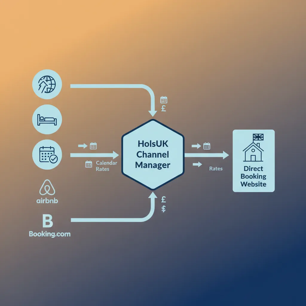 Diagram showing how HolsUK channel manager syncs multiple booking sites and a direct booking website.