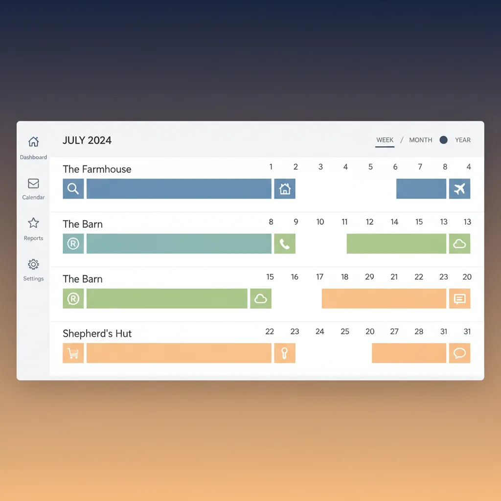 HolsUK's unified calendar showing bookings from multiple channels across several properties.