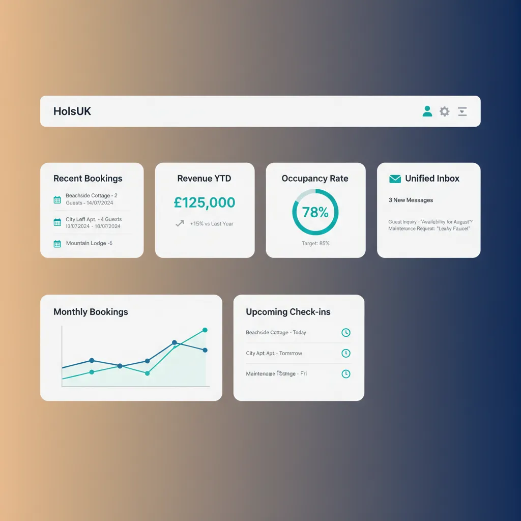 The HolsUK dashboard showing recent bookings, revenue, and guest messages widgets.