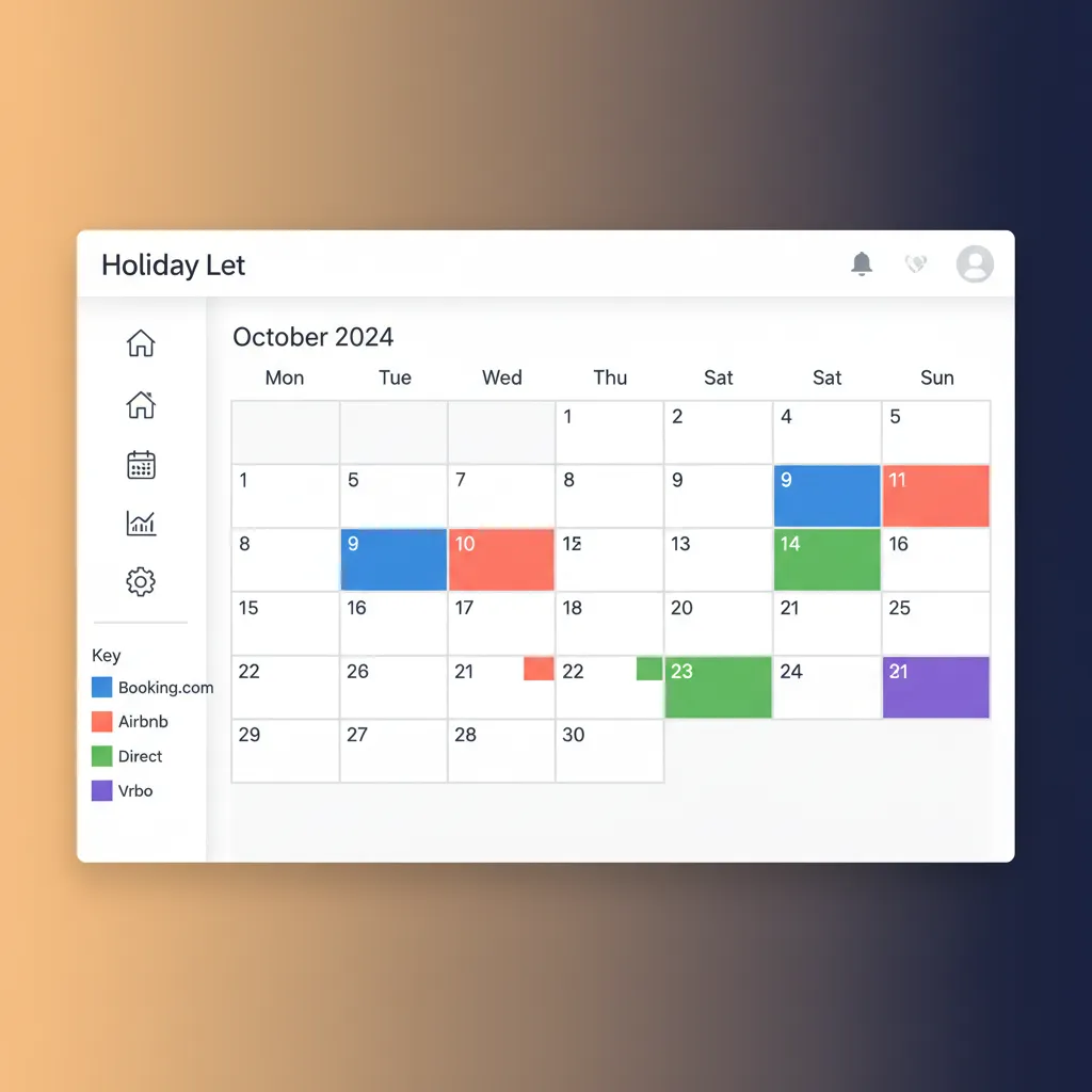 A central calendar showing colour-coded bookings from Booking.com, Airbnb, and direct.