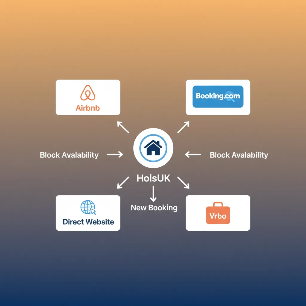Diagram showing how HolsUK syncs a Vrbo booking across other channels.