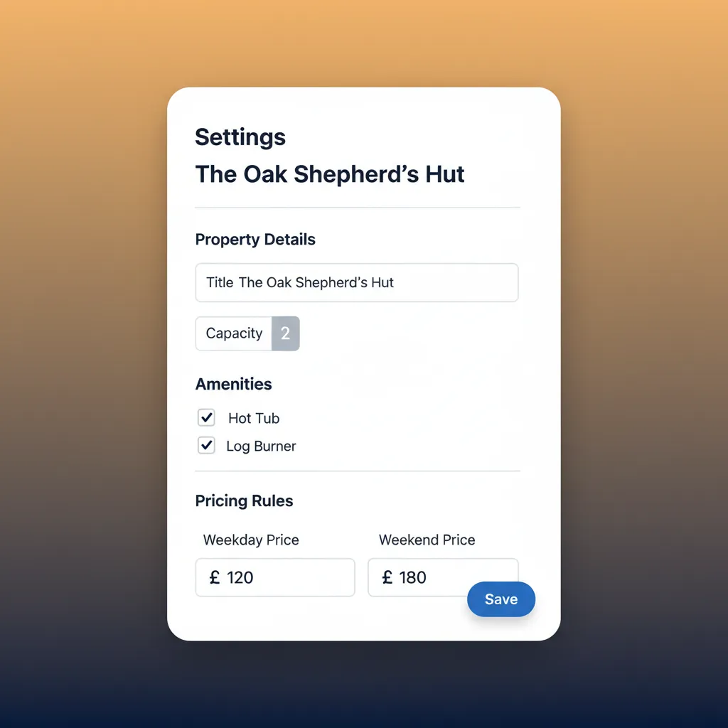 HolsUK's interface for managing an individual glamping unit's details and pricing.