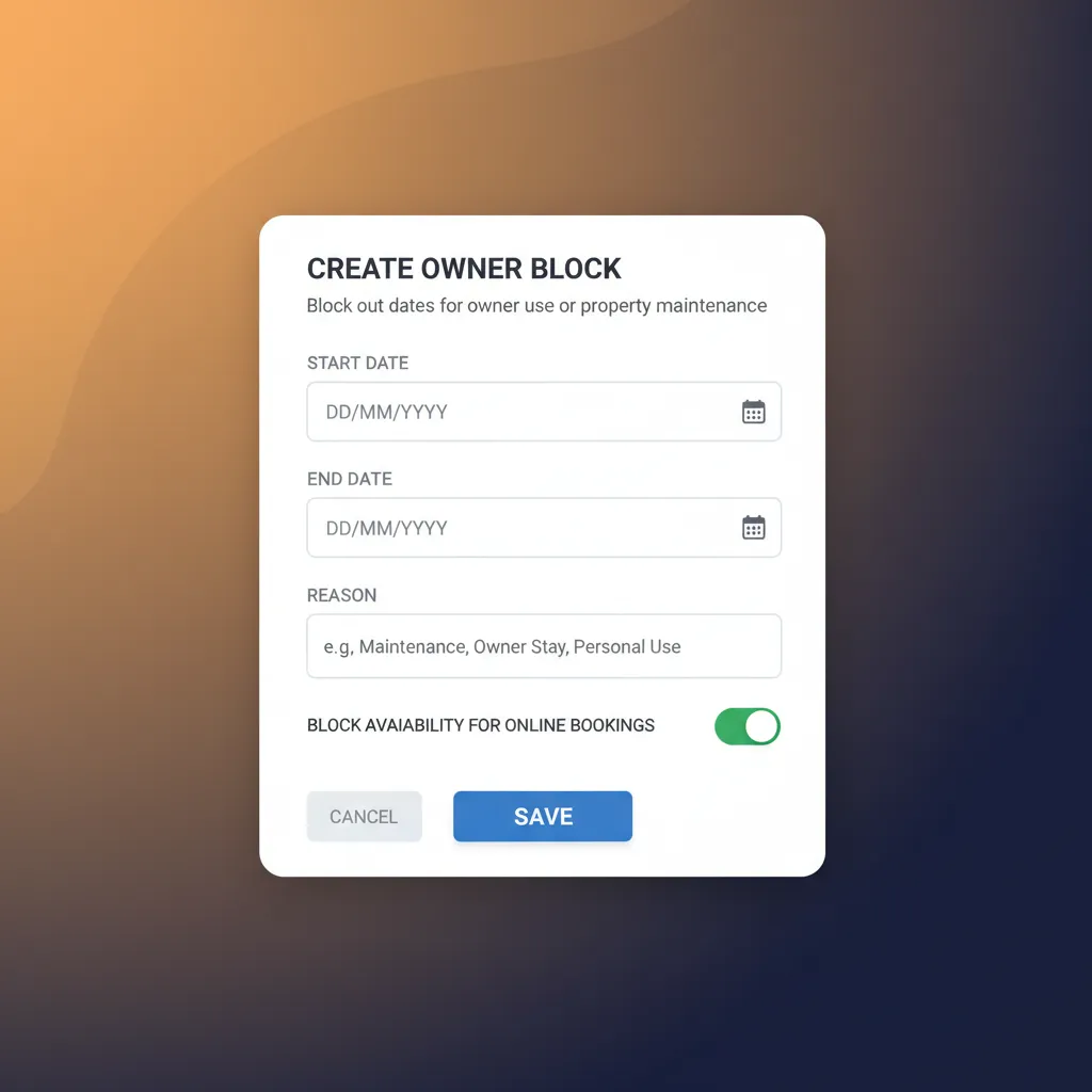 Creating an owner booking block within the HolsUK property management system.