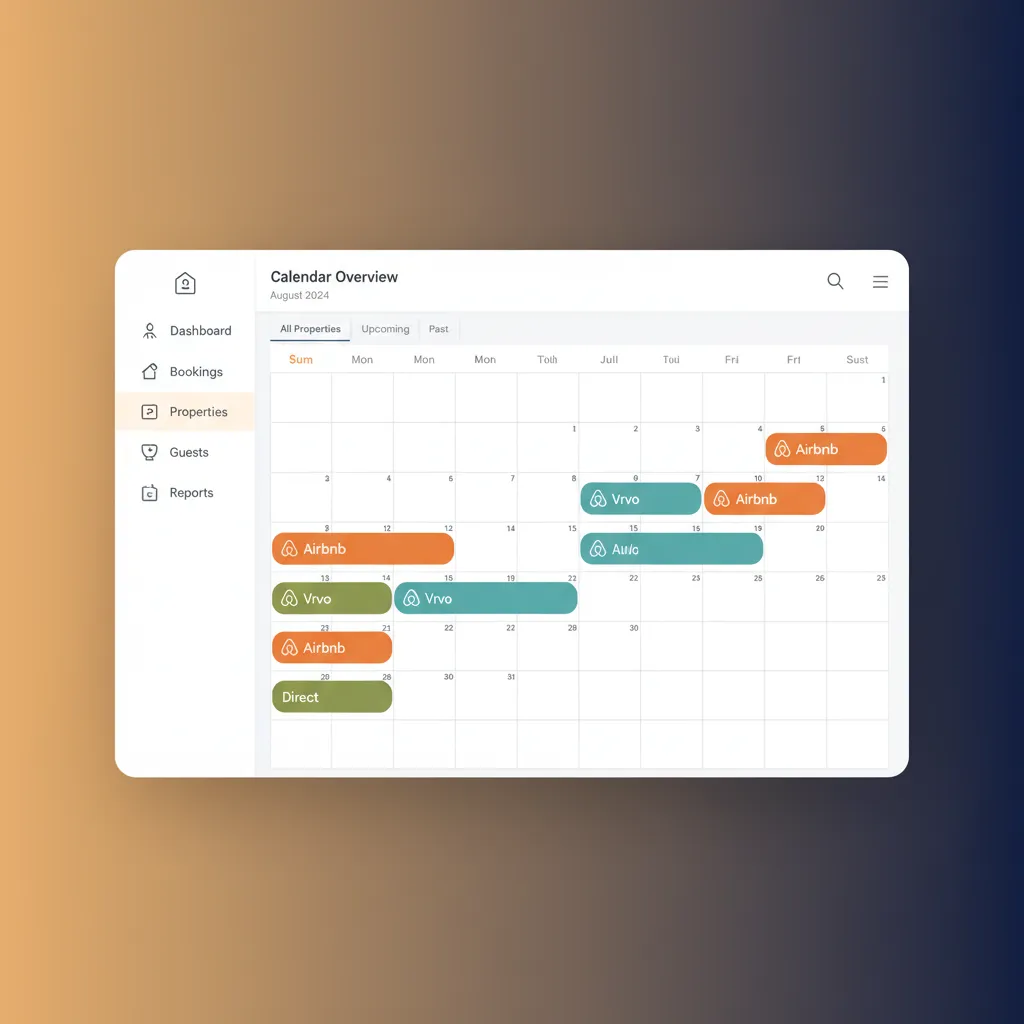 A unified calendar in HolsUK showing bookings from Airbnb, Vrbo, and direct.