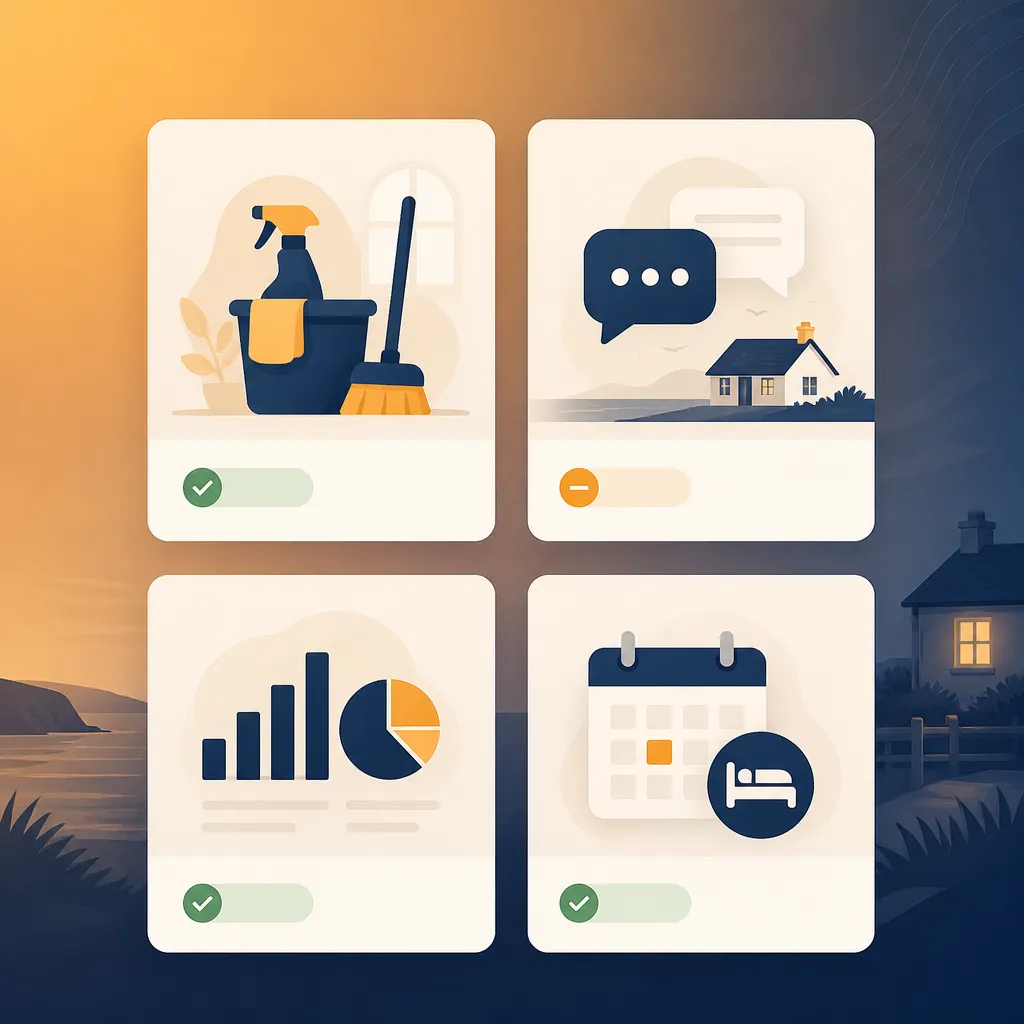 Features grid with icons for cleaner management, messaging and reports