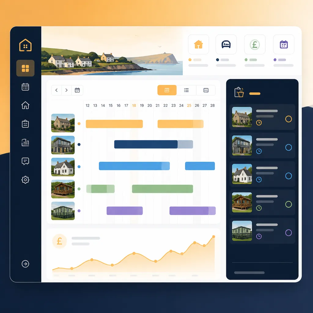 Dashboard mockup showing calendar, channels, revenue chart and cleaner tasks