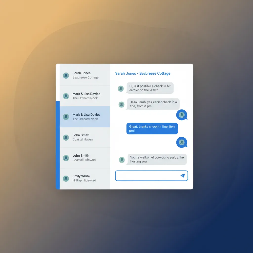 A mockup of the HolsUK unified inbox showing guest messages from multiple channels.