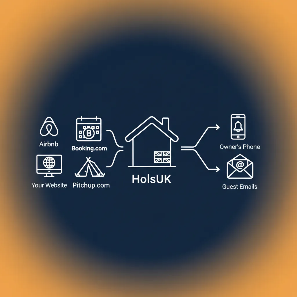 Diagram showing HolsUK centralising bookings from OTAs and a direct website.