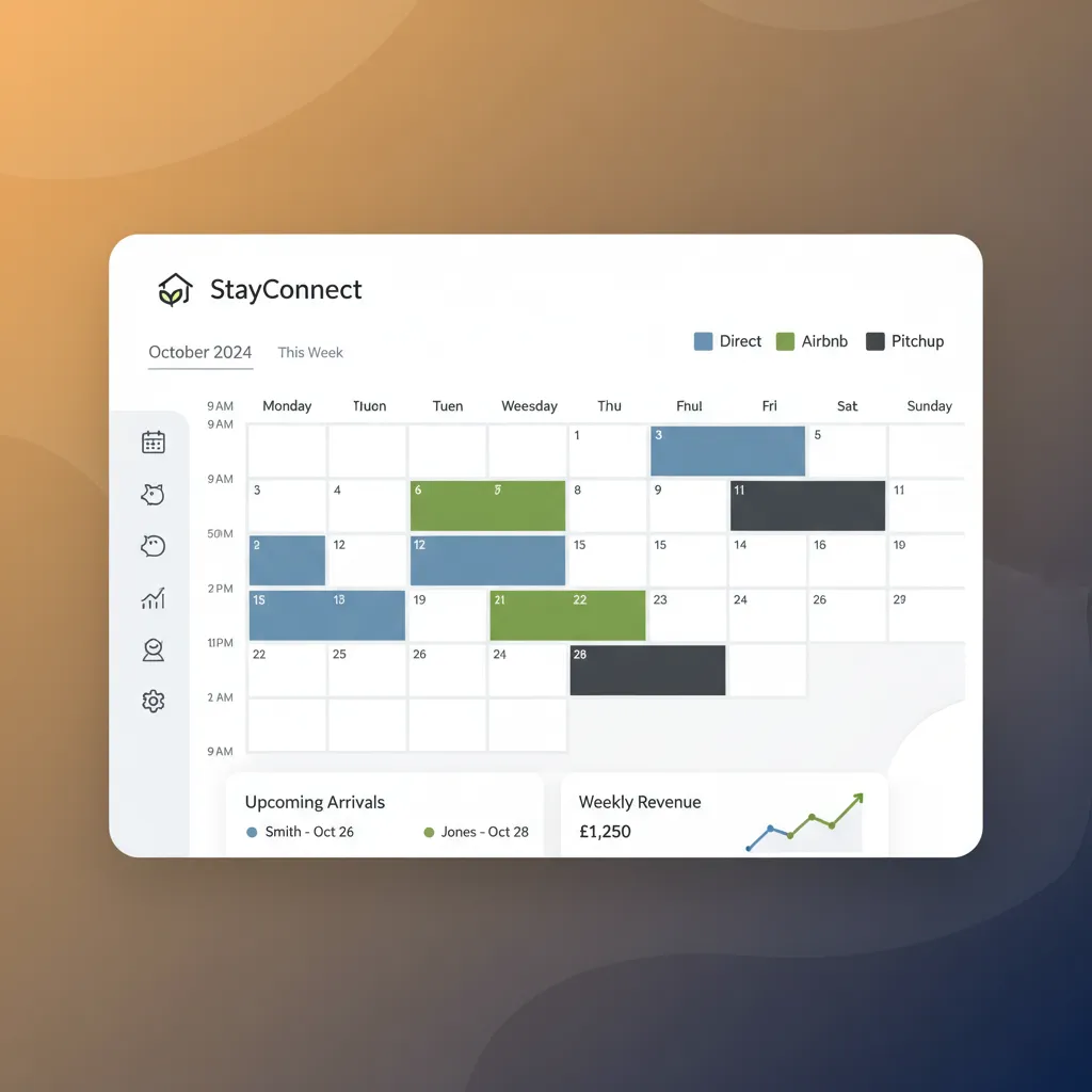 A mockup of the HolsUK dashboard calendar showing bookings from different channels.