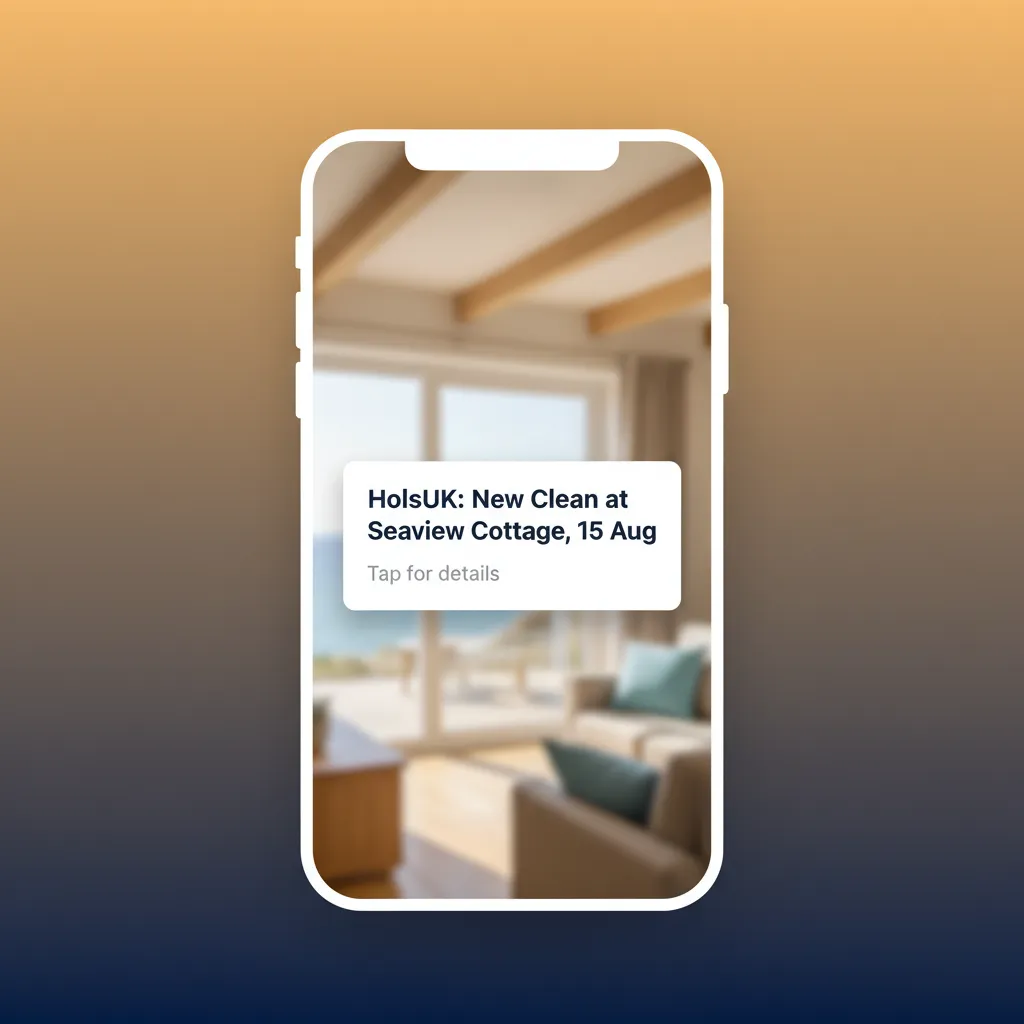A smartphone showing a cleaner alert for a new changeover at a holiday cottage.