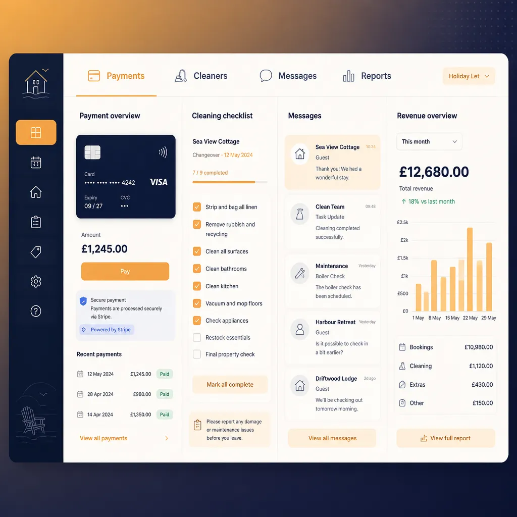 Features panel with payments, cleaners and reports