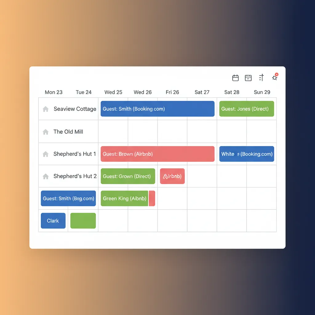 The unified multi-property calendar in HolsUK showing bookings from different channels.