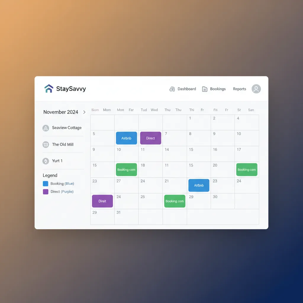 Unified calendar in HolsUK showing bookings from multiple channels for different properties.