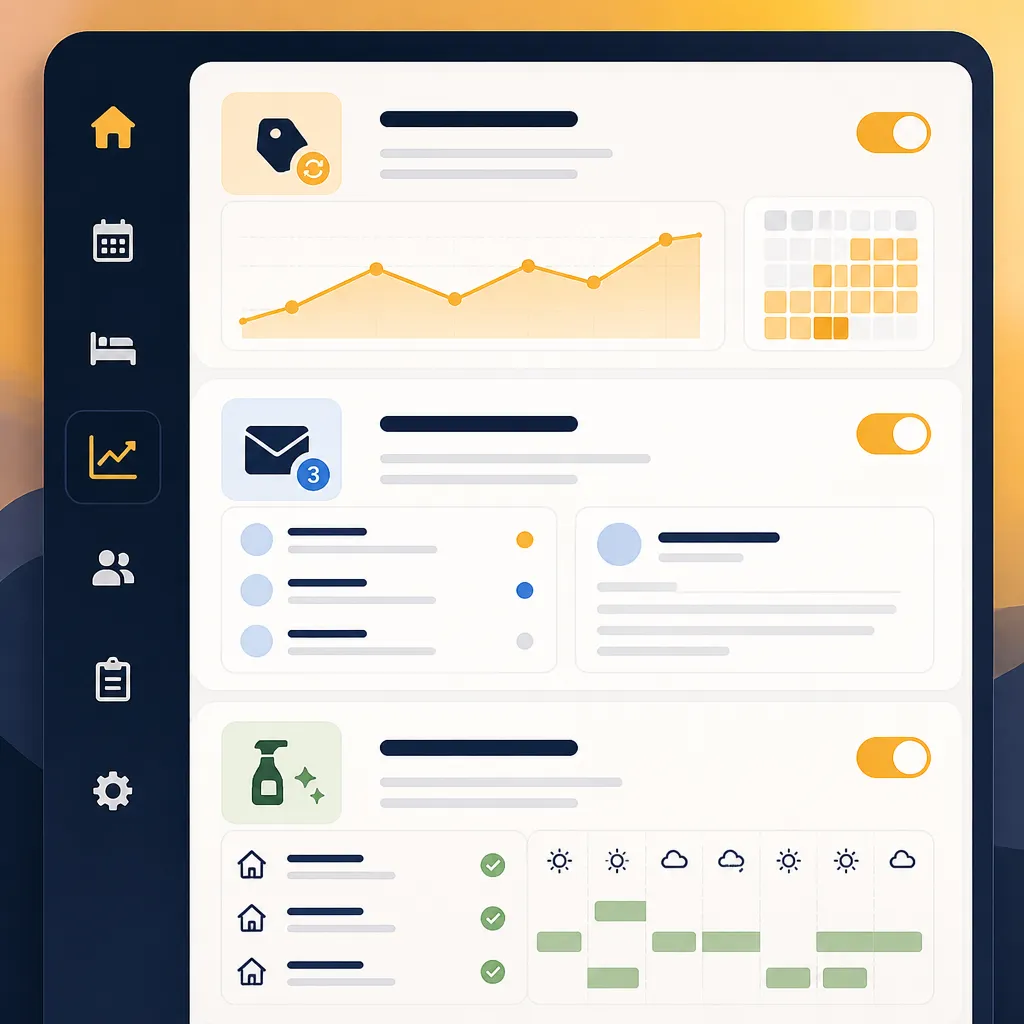Features panel showing pricing sync, messaging and cleaner tasks