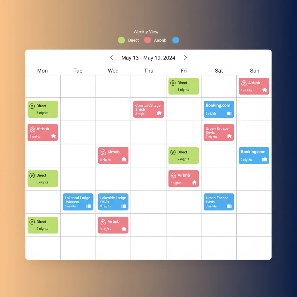 A unified calendar in HolsUK showing bookings from direct, Airbnb, and Booking.com.