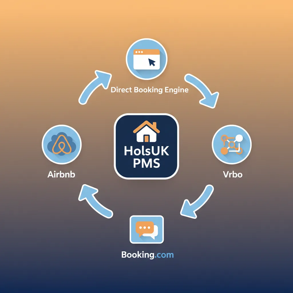 Diagram showing HolsUK PMS syncing availability with a direct website and OTAs.