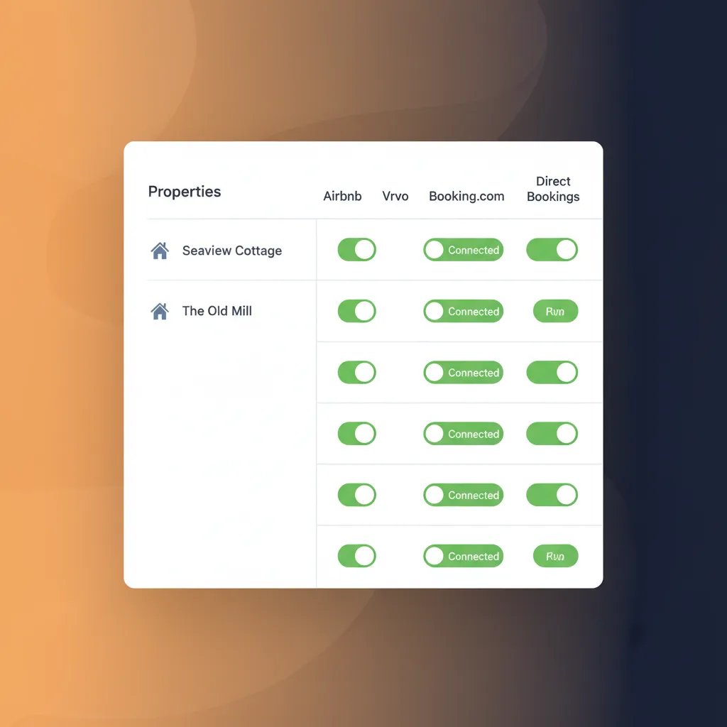 HolsUK channel manager interface showing properties connected to Airbnb and Vrbo.