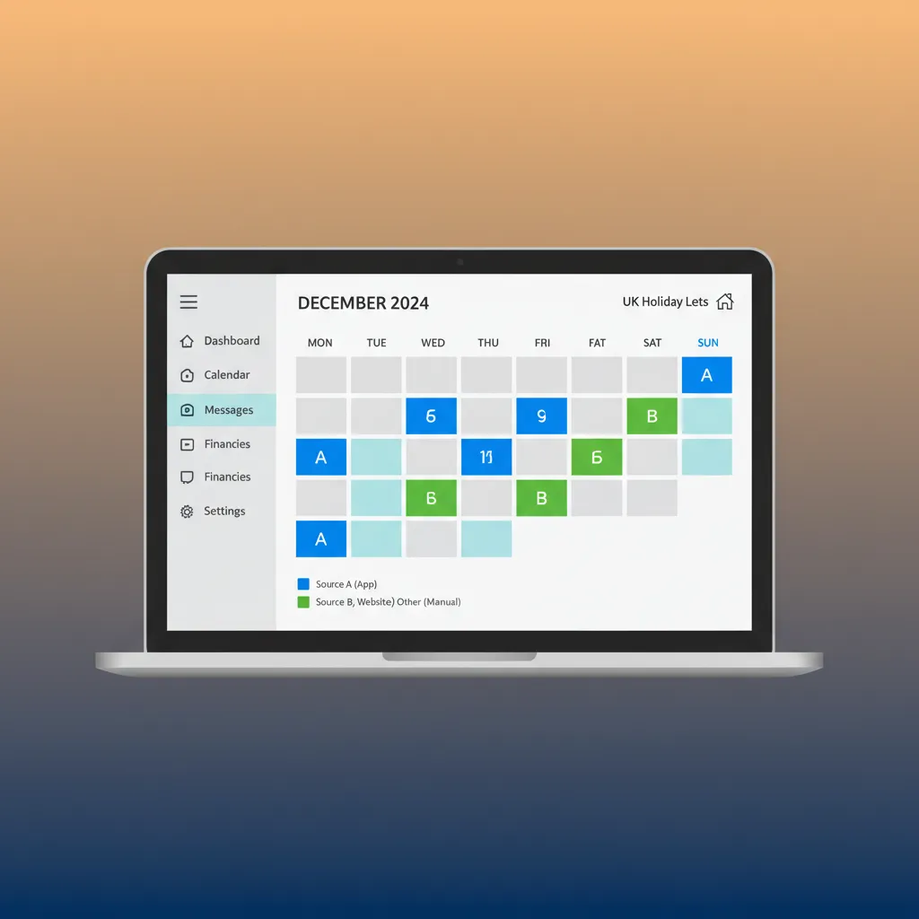 HolsUK dashboard on a laptop showing a unified calendar with bookings from multiple channels.