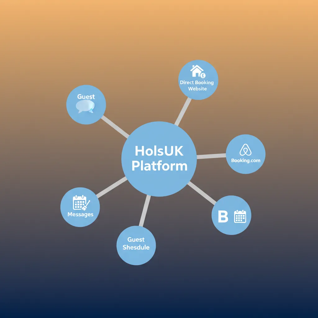 Diagram showing HolsUK connecting direct bookings, OTAs, cleaners, and guest messaging.