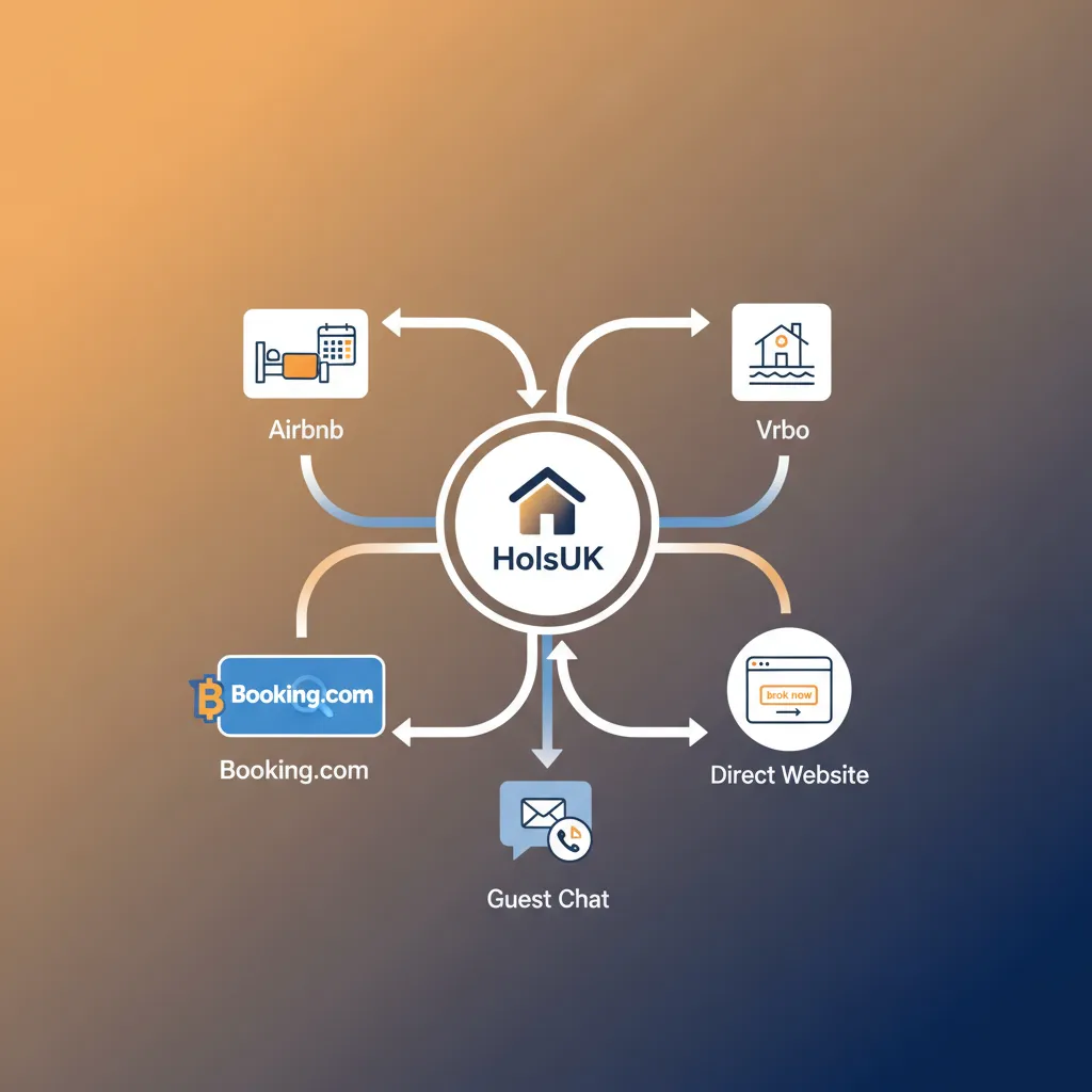 Diagram showing how HolsUK centralises bookings from OTAs and a direct website.