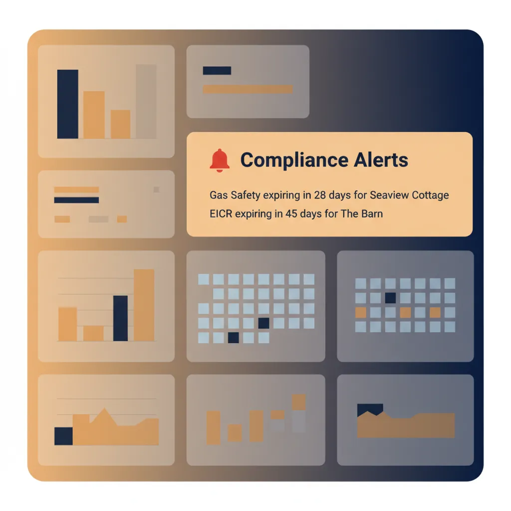 A HolsUK dashboard showing a compliance alert widget for upcoming gas safety and EICR certificate expiries.