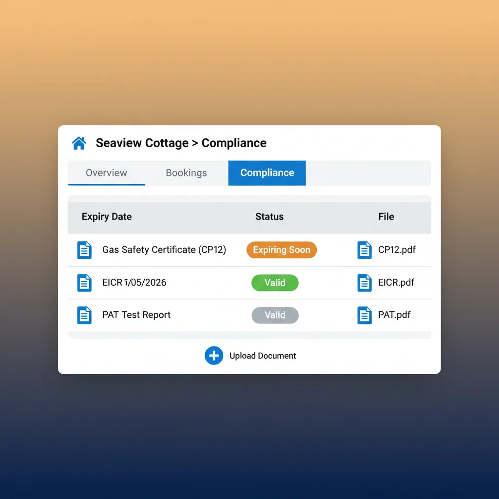 The compliance tab for a property in HolsUK, showing uploaded certificates and their expiry status.