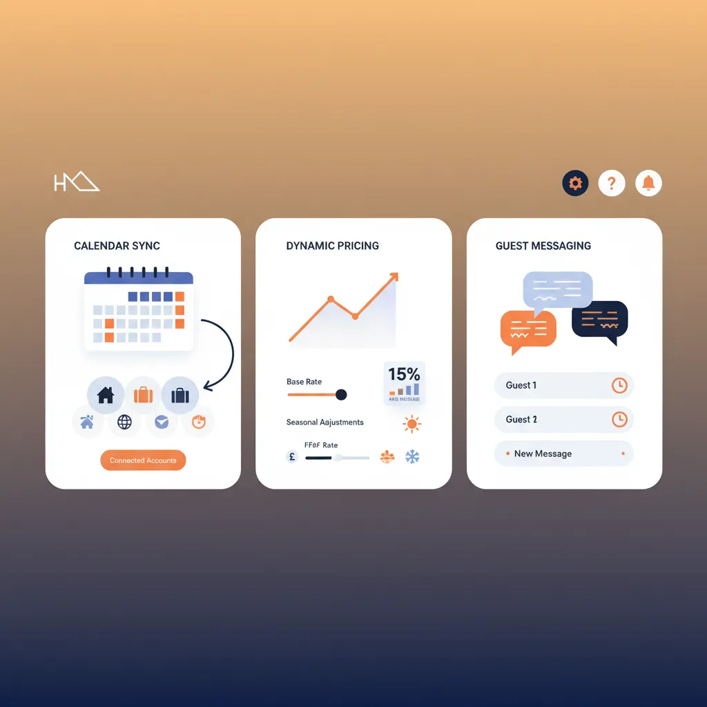 Dashboard UI with calendar sync, pricing, and messaging features.