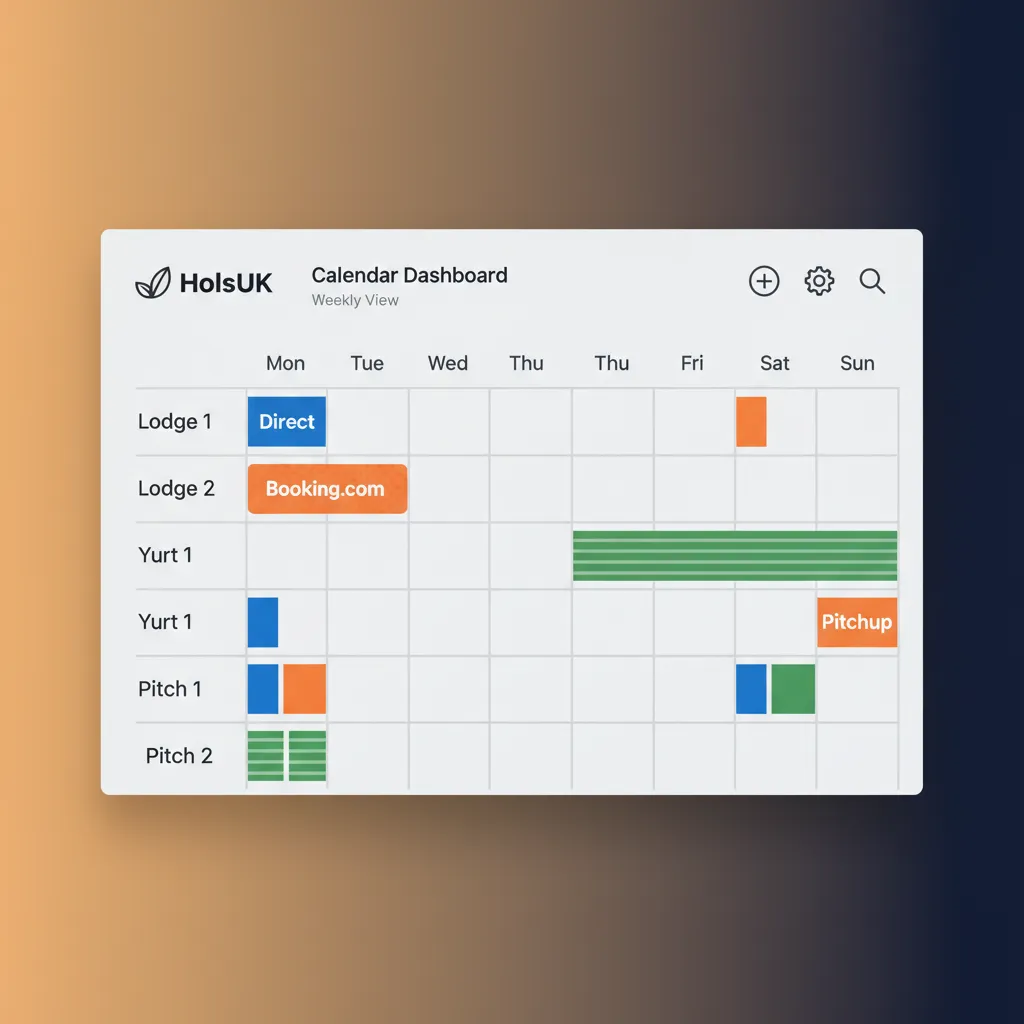 The HolsUK unified calendar showing bookings for lodges, yurts, and pitches.