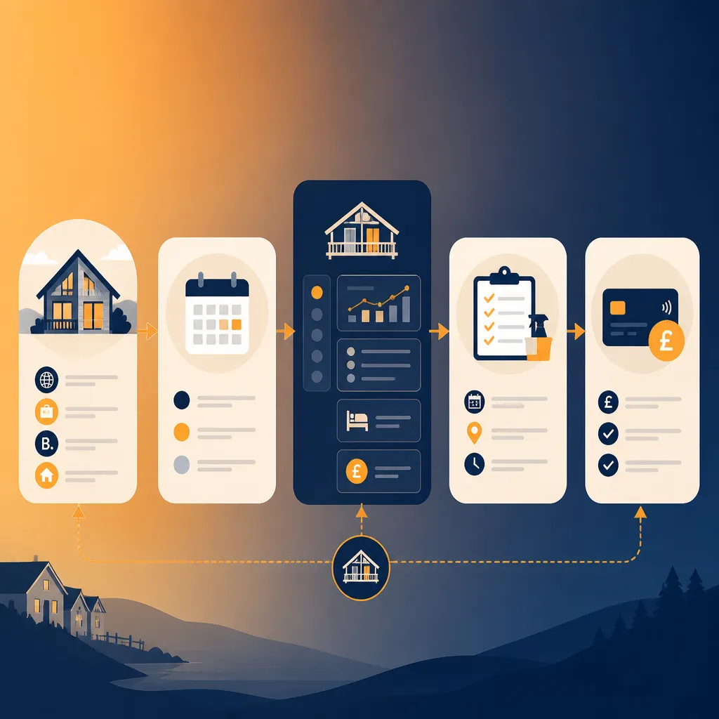 Workflow diagram linking channel booking to cleaners and payments