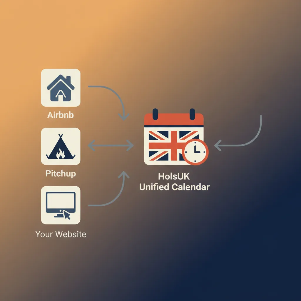 Diagram showing how HolsUK syncs availability between Airbnb, Pitchup, and a website.