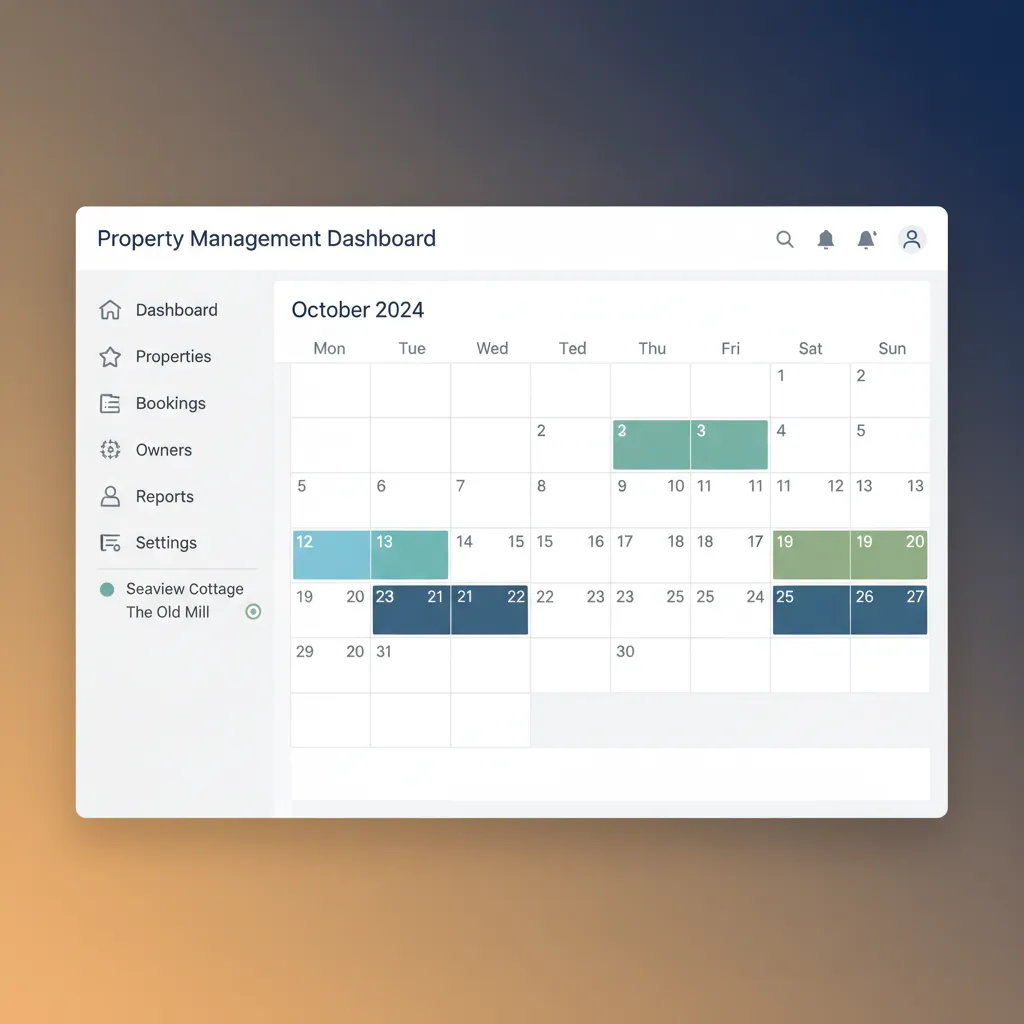 A mockup of the HolsUK unified calendar showing bookings from different channels for multiple properties.