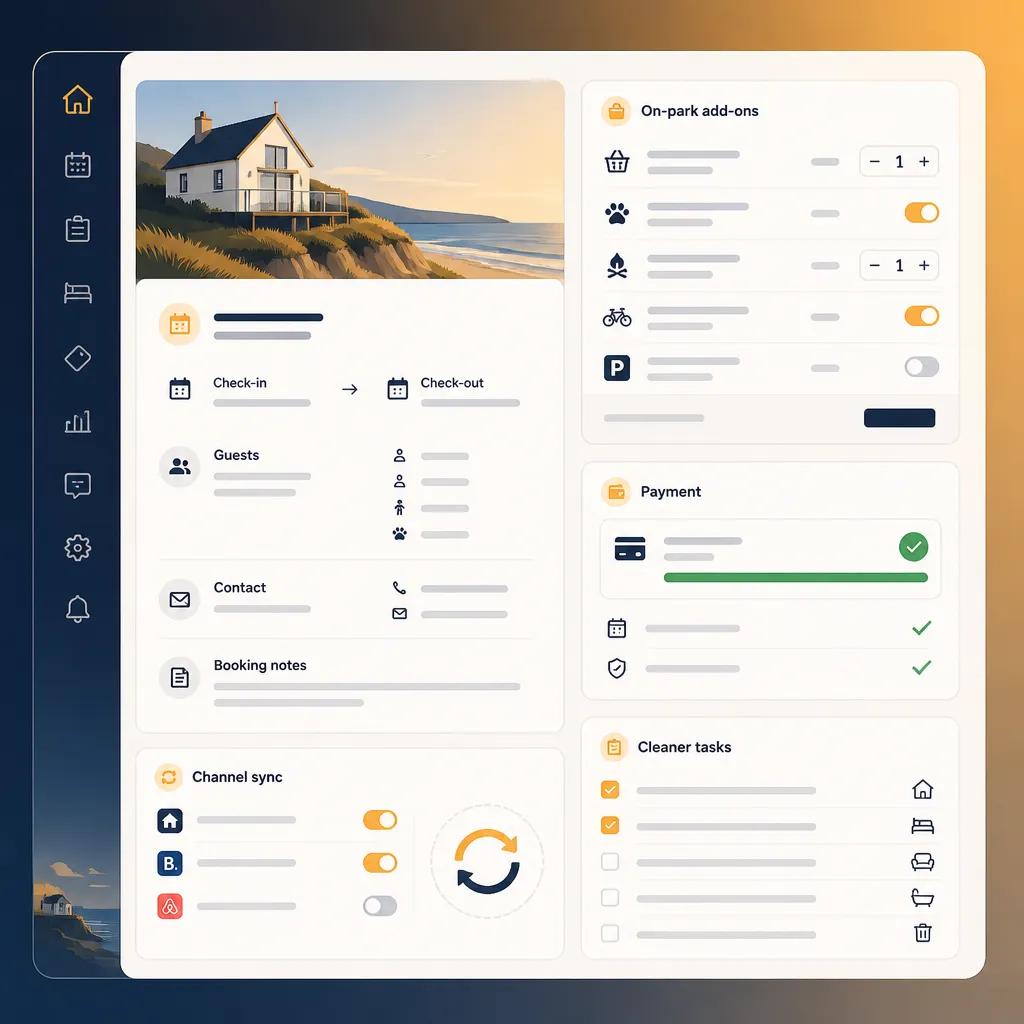 Booking pane with add‑ons, payments and cleaner checklist