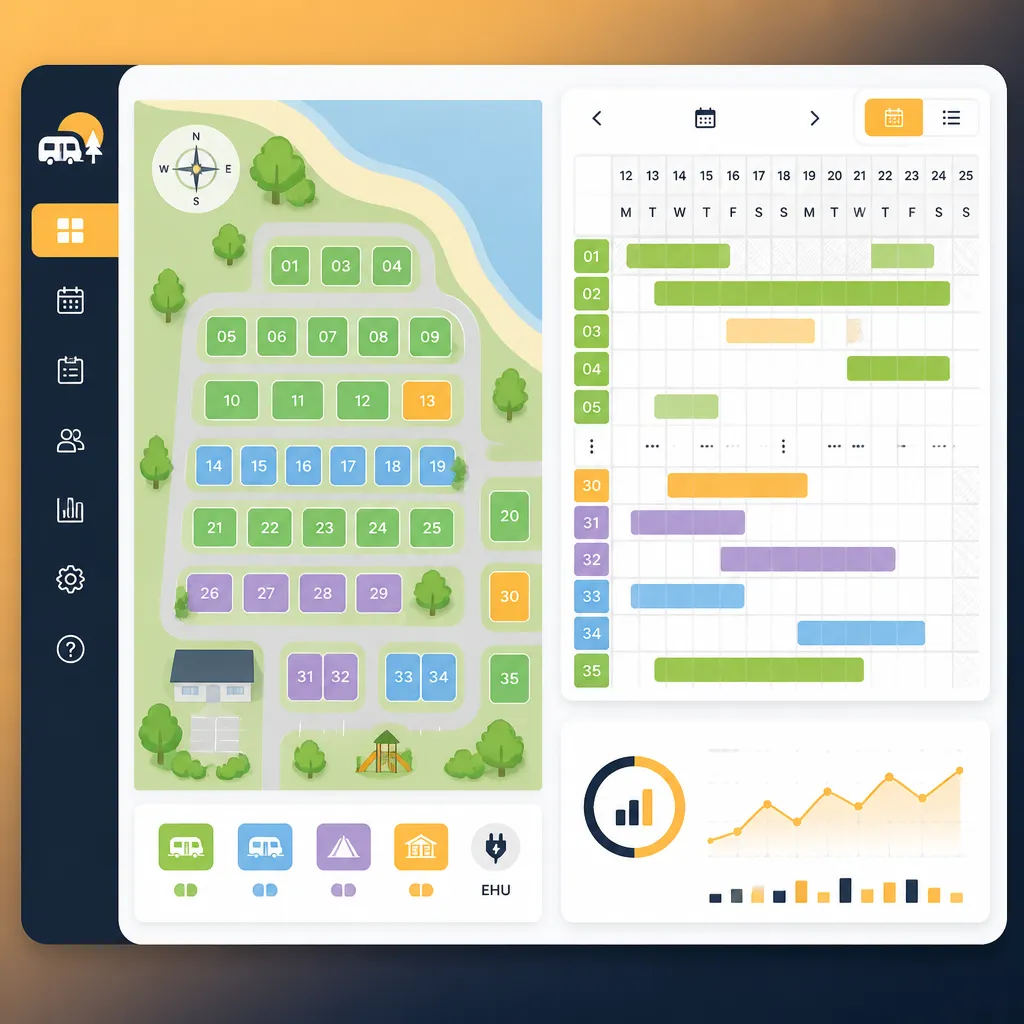 Dashboard with site pitch map, calendar and revenue chart