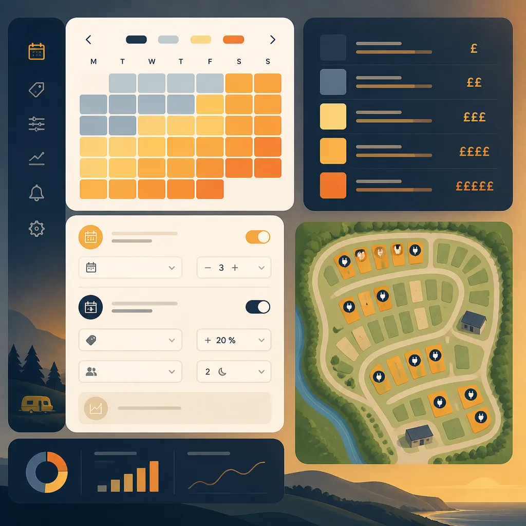 Seasonal rate editor with calendar heatmap and pitch icons