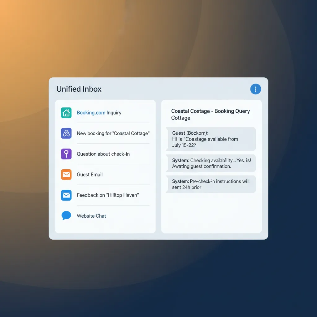 A mockup of the HolsUK unified inbox showing automated guest messages from multiple channels.