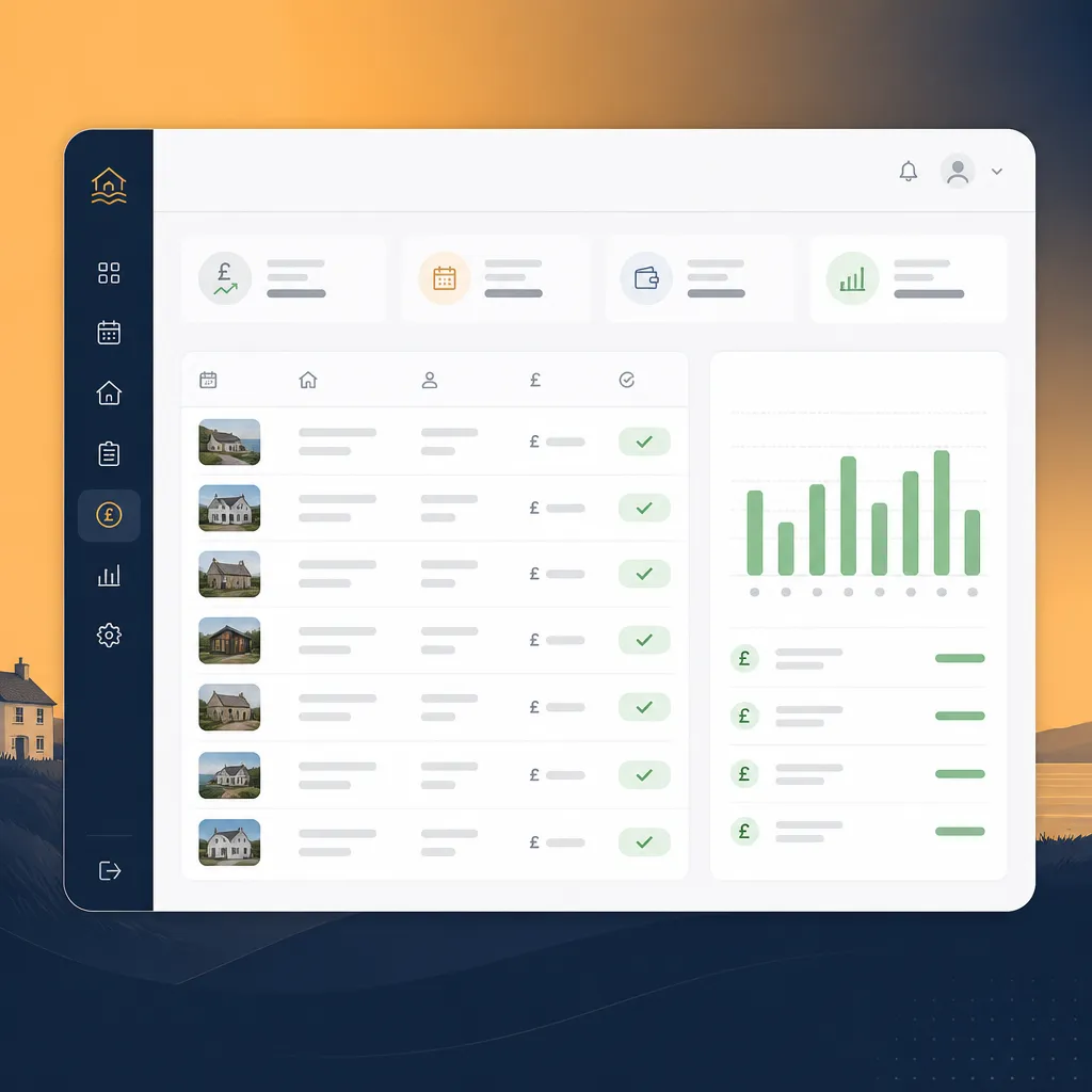 Payments and revenue screen with booking list and payout chart