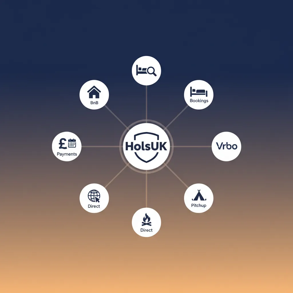 Diagram showing HolsUK connecting multiple booking channels and payment systems.